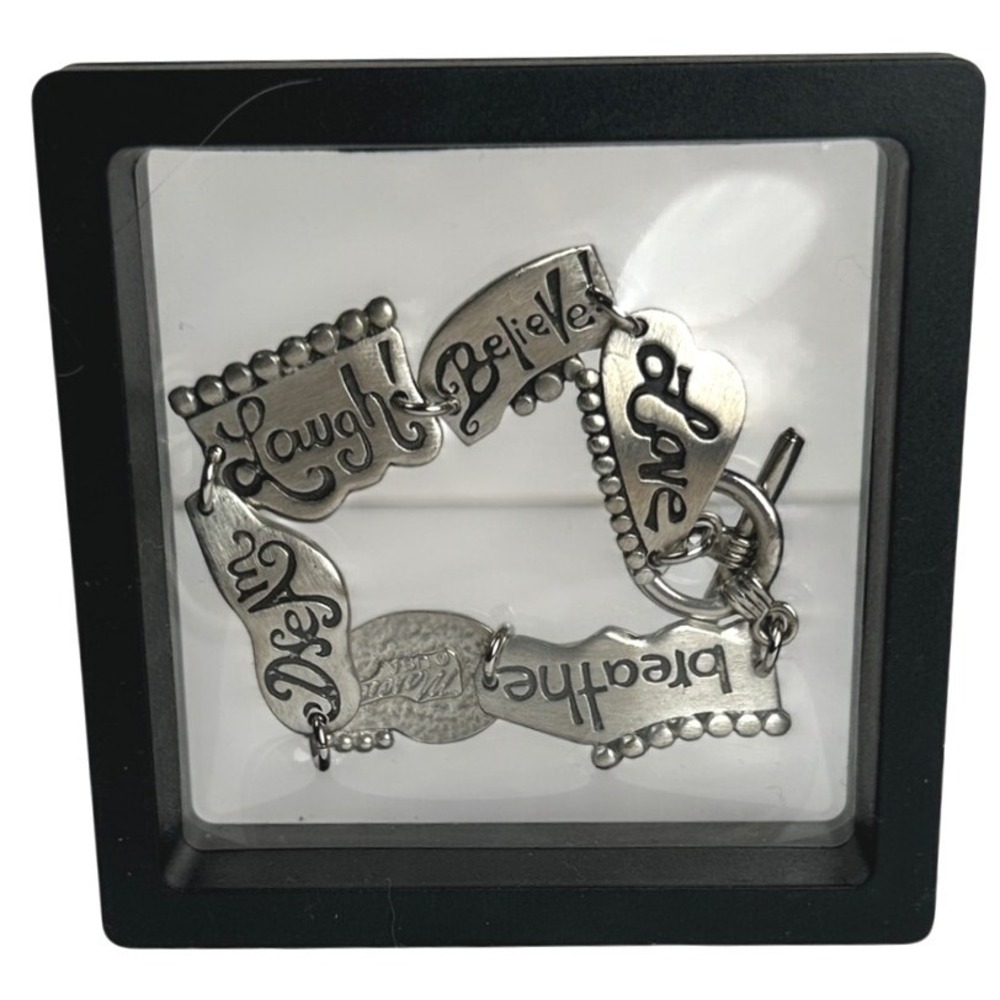 Marcie USA Pewter Charm Bracelet Faith Love Believe Laugh Breathe Toggle Y2K